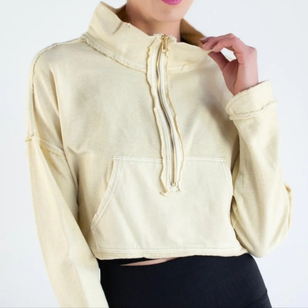 Free People Cropped Half-Zip Sweatshirt in Pale Yellow